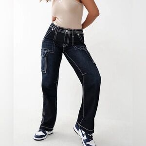 True Religion | Women's Dark Blue Military Cargo White Contrast Stitch Jeans 28